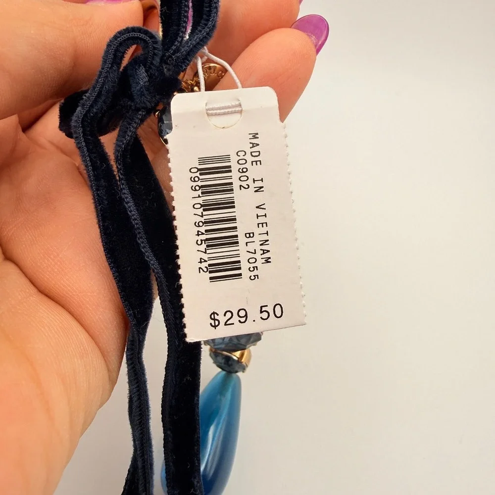 J.Crew Navy Velvet Ribbon Blue Crystal Teardrop Bag Charm Keychain 6inch NEW